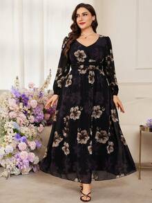 Modelyn 浪漫雪纺印花长袖A字加大码连衣裙，春夏款 - 彩色 - 查看 4