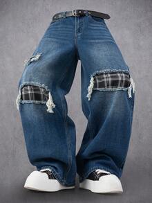 Manfinity LEGND Retro American Plaid Patchwork Loose Fit Distressed Wide Leg Jeans - Blue - View 5