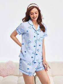 Bonmuse 女士心形印花短袖上衣和短裤睡衣套装，清凉浅蓝色 - 藍色 - 查看 6