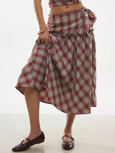 Poéselle Women's Casual Red Plaid Ruffle Hem Mini Skirt,Low-Waist Retro Plaid A-Line Midi Skirt, High-Waisted Ruffled Hem Summer Dress, Vintage Plaid Casual Chic, Y2K Skirt, Skirt Set,Summer Skirt,Checkered Midi Skirt, High-Waisted A-Line Skirt, Comfortable Summer Dress, Vintage Style, French-Inspired Elegant Skirt