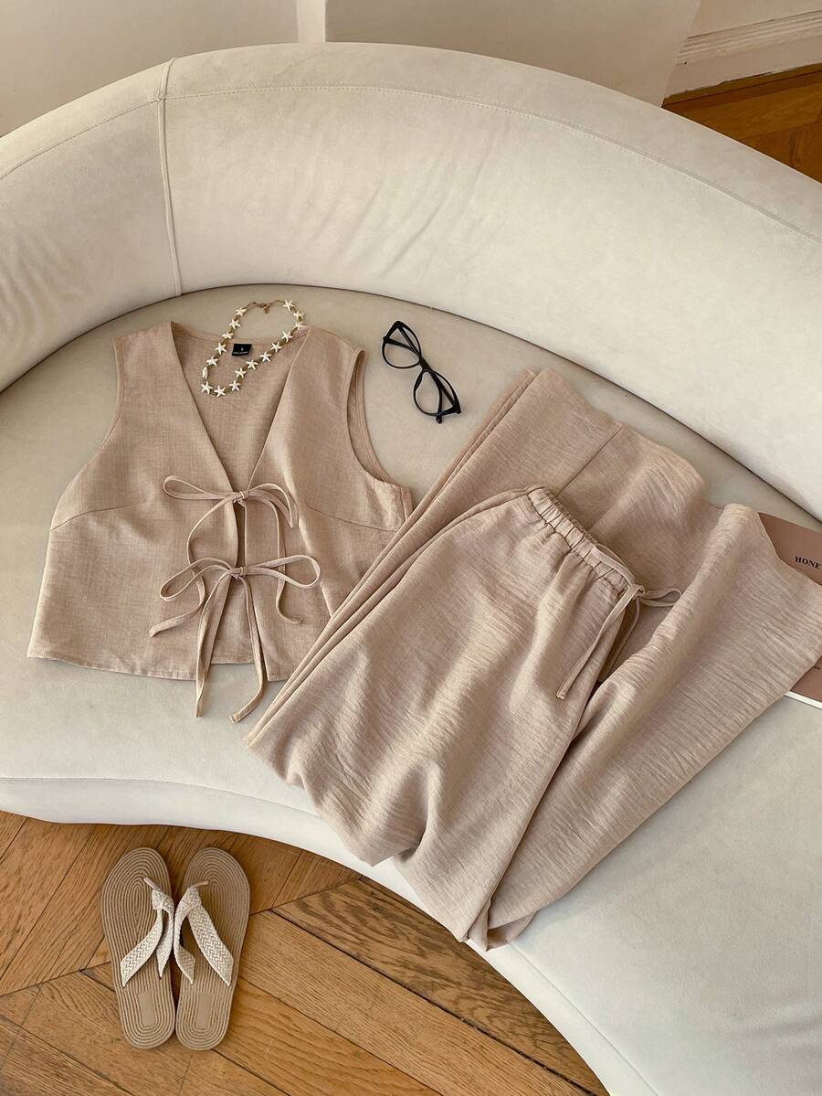 SHEIN EZwear 卡其色编织系带背心和裤子女士休闲套装 - 摩卡棕 - 查看 1