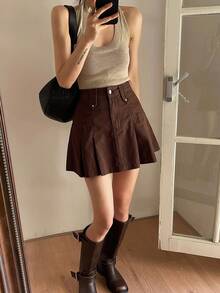 DAZY Women's Regular Waist Pleated Mini Skirt, Casual & Youthful Denim A-Line Skirt - Brown - View 5