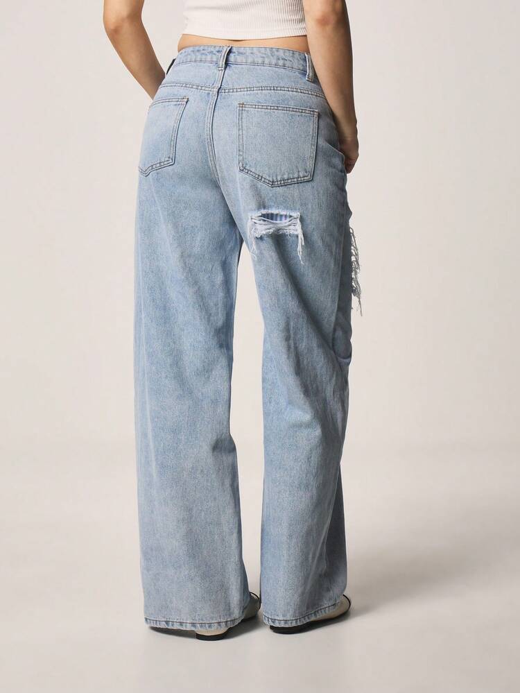 MISSGUIDED Mid Rise Baggy Wide Leg Jeans With Distressed Rips And Frayed Details For Casual Everyday Street Style