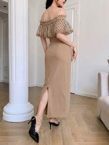 Feyla Vestido de fiesta elegante de talle medio con botones de perlas falsas, cintura ceñida, manga de malla y lunares para mujer - Caqui - Ver 5