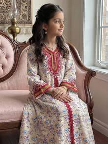 SHEIN Young Girls Minimalist Print Long Sleeve Dress Raditional Elegant Dignified Golden Floral Print, Young Girls Casual Minimalist Traditional Arabic Dress Suitable For Spring/Summer Daily, Festivals, Outings, Elegant Dignified Long Sleeve Arabic Maxi Dress, Prayer Abaya, Easy Comfort, Casual Wear, Vacay Vibes, Modest Kaftan, Kids Jalabiya