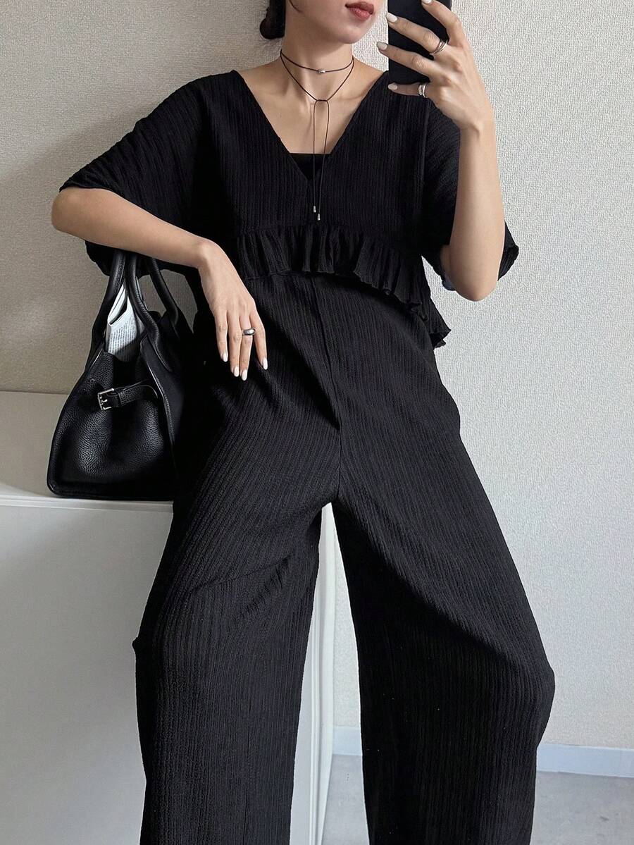 FRIFUL Women's Solid Color Textured Fabric Backless Tie-Up Bow Loose Casual Jumpsuit, Suitable For Spring And Summer Jumpsuit Lounge Sets For Women - Black - View 1