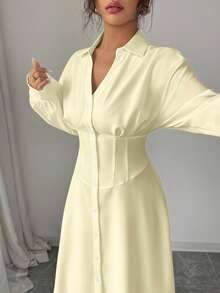 Modelyn Women's White Waist Cinched Shirt Collar Design Dress Solid Color Dress Long Sleeve Long Dress French Style Dress - Yellow - View 6