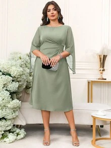 Reflora Đầm nữ cỡ lớn màu trơn cổ tròn tay loe eo nhún bèo thanh lịch - Màu xanh Bạc hà - Xem 5