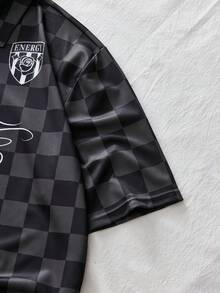 AXEPEAK Men's Letter & Plaid Print Casual Versatile Short Sleeve Polo Shirt - Black - View 4