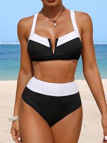 Swim Lushoire 女士夏季沙滩休闲度假罗纹面料V领黑白拼接比基尼套装 - 黑與白 - 查看 6