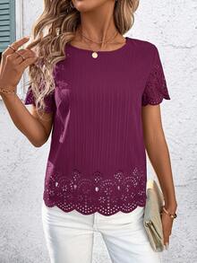 SHEIN Clasi Áo sơ mi nữ tay ngắn cổ tròn in họa tiết, kiểu dáng thường ngày, thích hợp cho mùa xuân/hè. - Màu đỏ tím - Xem 3