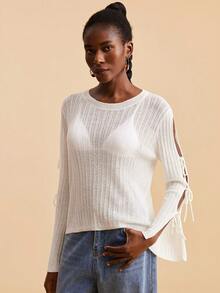 Travachic Women's Casual White Semi Sheer Ribbed Knit Top With Lace Up Back And Bell Long Sleeves - White - View 4