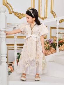 SHEIN Young Girl's Elegant Embroidered Lantern Sleeve Long Dress - Apricot - View 4