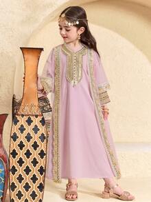 SHEIN Conjunto de 2 piezas de niña joven con abrigo de malla con contraste de cinta dorada y vestido de cuello en V - Rosa - Ver 6