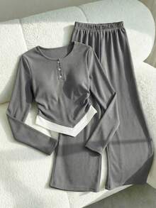 SHEIN 少女休闲百搭日常穿搭撞色拼接长袖上衣+宽松运动裤秋冬打底衫套装 - 灰色 - 查看 1