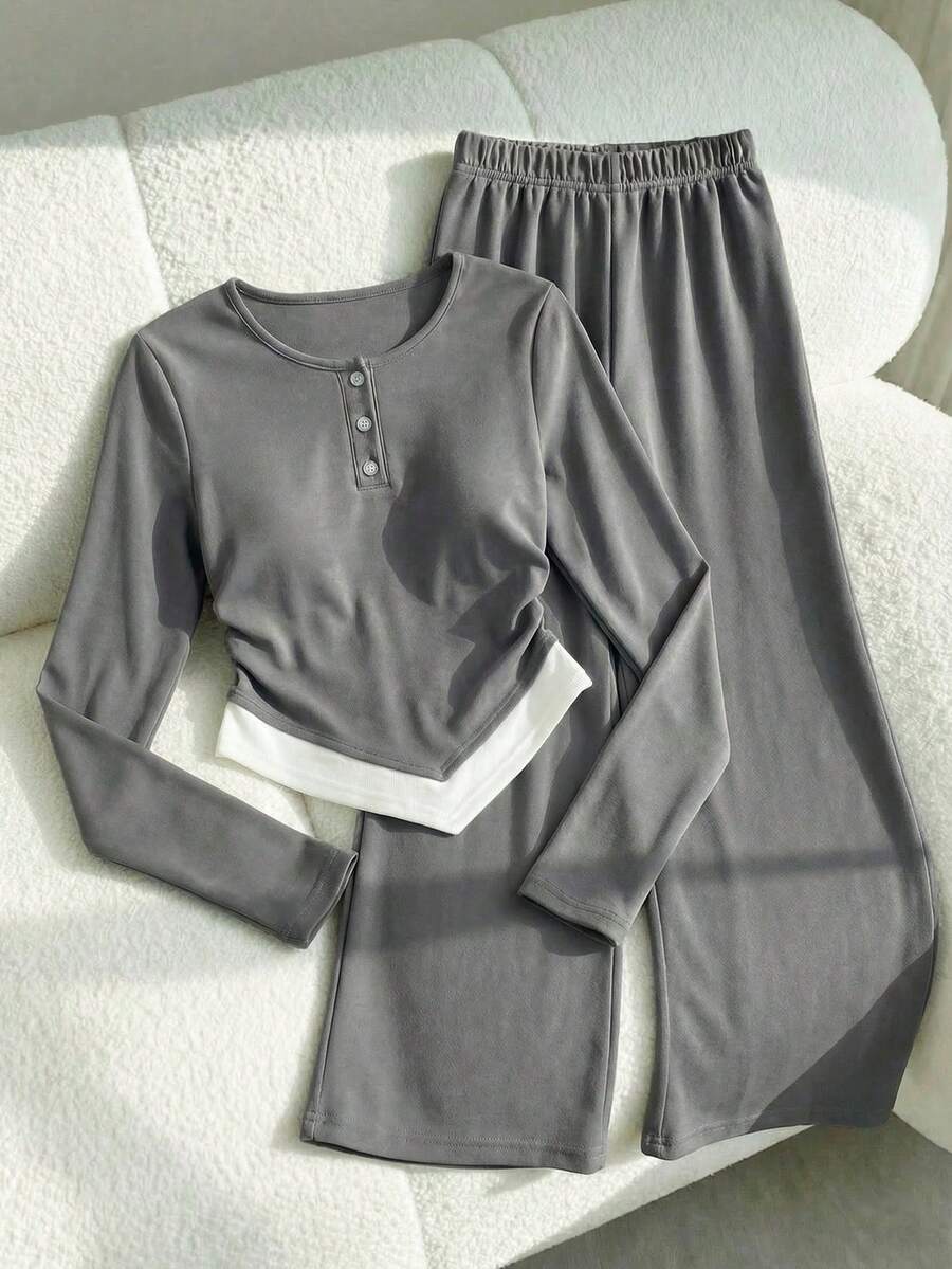SHEIN 少女休闲百搭日常穿搭撞色拼接长袖上衣+宽松运动裤秋冬打底衫套装 - 灰色 - 查看 1