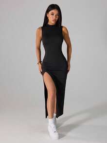 SHEIN PETITE Đầm xẻ tà thanh lịch, thoải mái dành cho nữ, nhẹ nhàng, thích hợp cho mùa hè. - màu đen - Xem 1