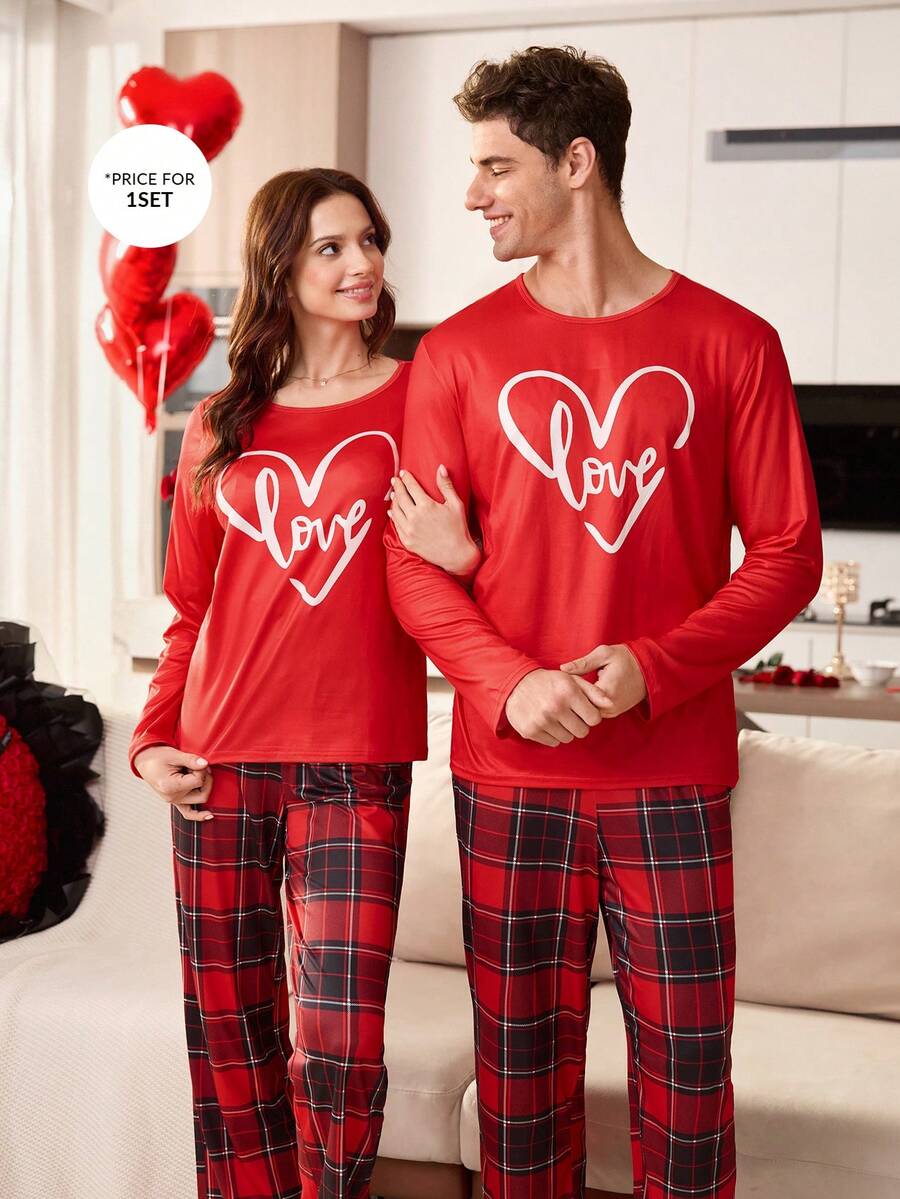 CoupledUp Conjunto de pijama masculino de 2 peças com estampa de coração xadrez, ideal para casais. - Multicolorido - Ver 1