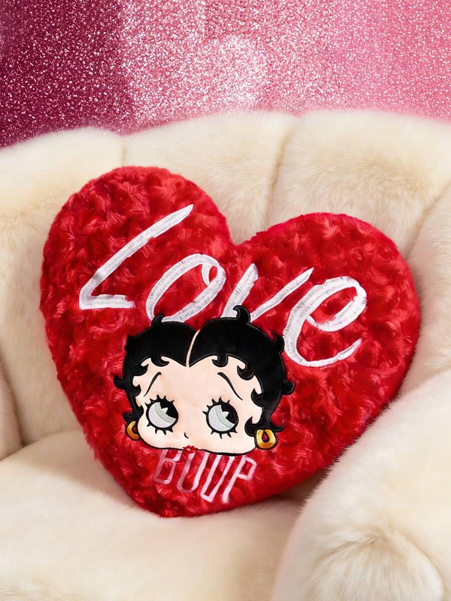 Betty Boop x SHEIN 1pc Rose Plush Heart-Shaped Throw Pillow With Exquisite Embroidery. It Can Decorate Your Home, Office, Bedroom, Or Sofa.Love, Kiss,Heart,Gift Ideas,Party,Holiday,Valentine's Day
