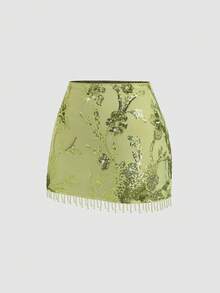 SHEIN Sweetro Sexy Sequins Sequin Tassel Bodycon Mini Skirt, Fashionable For Nightclub, Party, Date, Banquet, New Year, Spring/Summer/Autumn/Winter - Green - View 6