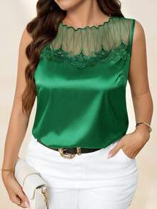 Chikora Plus Size Fashionable Elegant Mesh Patchwork Sleeveless Tank Top, Going Out Tops - Green - View 1