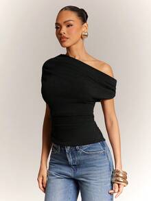Hauture Women's Office Casual Dialy Simple Off Shoulder Wool Like Knit Ruched Top - Black - View 6