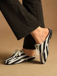 Rosivie 女士条纹系带休闲时尚平底鞋 - 黑色 - 查看 3