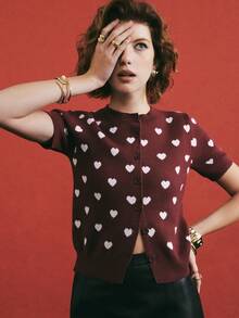 Poéselle Wine Red Heart Print Knit Cardigan - Short Sleeve Button Up Sweater For Cute And Sweet Outfits,Women's Casual Commuting Heart Knitted Short Sleeve Cardigan,Heart,Valentine's Day,Valentines,Red,Burgundy,Party - Coffee Brown - View 4