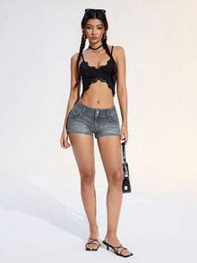 Jeanoix Women's Slant Pocket Button Skinny Stretch Denim Shorts - Light Grey - View 5