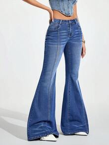 Jeanoix Women's High Waist Wing Pocket Flare Leg Jeans - Blue - View 5