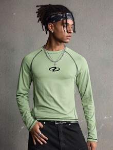 AXEPEAK Men's Geometric Print Crew Neck Raglan Long Sleeve Casual T-Shirt - Green - View 4