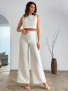 EURMUSE Femei, Primăvară, Vară, Set, Set Două, Croșetat, Boho, Pantaloni, Plivire, Set Pantaloni Albi cu Croșetat și Top Crop Alb - alb - Vizualizare 5
