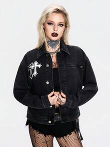 Breakform Chaqueta de mezclilla con estampado de cruz, estilo punk - Negro - Ver 1