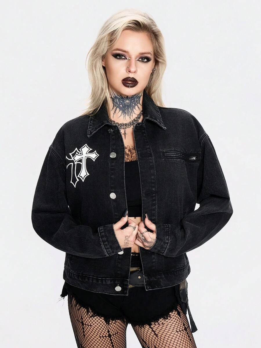 Breakform Chaqueta de mezclilla con estampado de cruz, estilo punk - Negro - Ver 1