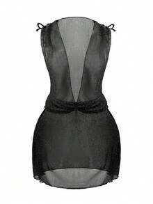 Swim Vcay 女士褶皱透视闪亮性感沙滩罩衫，显瘦，休闲，假日畅销款 - 黑色 - 查看 6