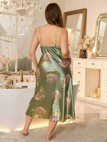 MuseNap CURVE 1件装女士优雅印花缎面吊带长款睡裙，四季皆宜绿色睡裙女士睡裙缎面睡裙 - 綠色 - 查看 2