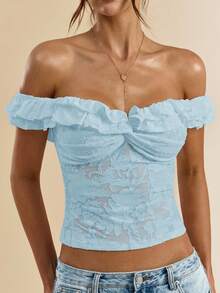 SHEIN BAE Women's White Textured Knit Off-Shoulder Ruffle Front Twist Bodycon Top, Summer Blouse - Baby Blue - View 4