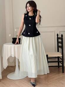 DAZY Conjunto de 2 piezas de top sin mangas con cuello redondo y decoración de lentejuelas y falda de color contrastante, elegante para invitada de boda, primavera/verano - Negro - Ver 6