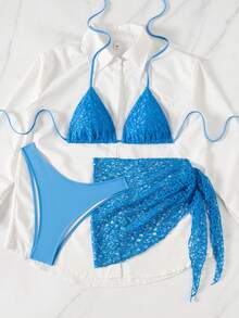 Swim SXY 3件套女士性感露背系带比基尼泳衣，适合夏季度假 - 藍色 - 查看 6