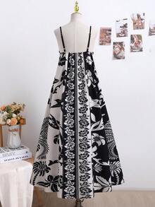 Floral Print Dress, Suitable For Beach, Travel, Outings, And Home Wear For Teenage Girls - Black and White - View 2