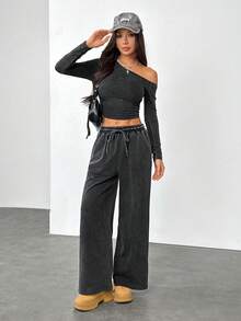 SHEIN PETITE Women's Daily Wear Essentials Knit Stretchy Comfy Asymmetrical Neck Long Sleeve Tops And Wide Leg Sweatpants Tracksuit Two Pieces Outfits Casual Two Piece Set Comfortable Two Piece Set - Black - View 7