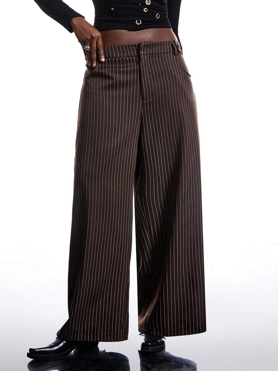 LYSMO 大码纯色条纹低腰纽扣装饰休闲复古阔腿裤，适合通勤、休闲外出和办公穿着，春秋季条纹女式工作裤 - 咖啡棕 - 查看 1
