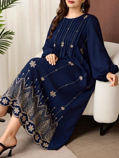 Lacomfia Women's Loose Elegant Comfortable Minimalist Embroidered Plus Size Long Sleeve Dress