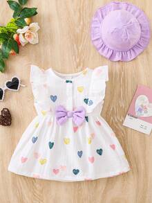 SHEIN Vintaside Kids Đầm dễ thương tay bồng in hình trái tim và nơ cho bé gái - Màu tím - Xem 4