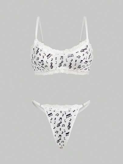 ROMWE Goth 哥特式花卉蕾丝和音符图案吊带背心和丁字裤内衣套装