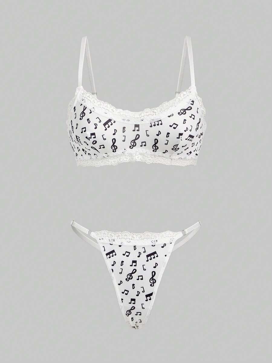 ROMWE Gothic Floral Lace & Music Note Pattern Camisole And Thong Lingerie Set - White - View 1