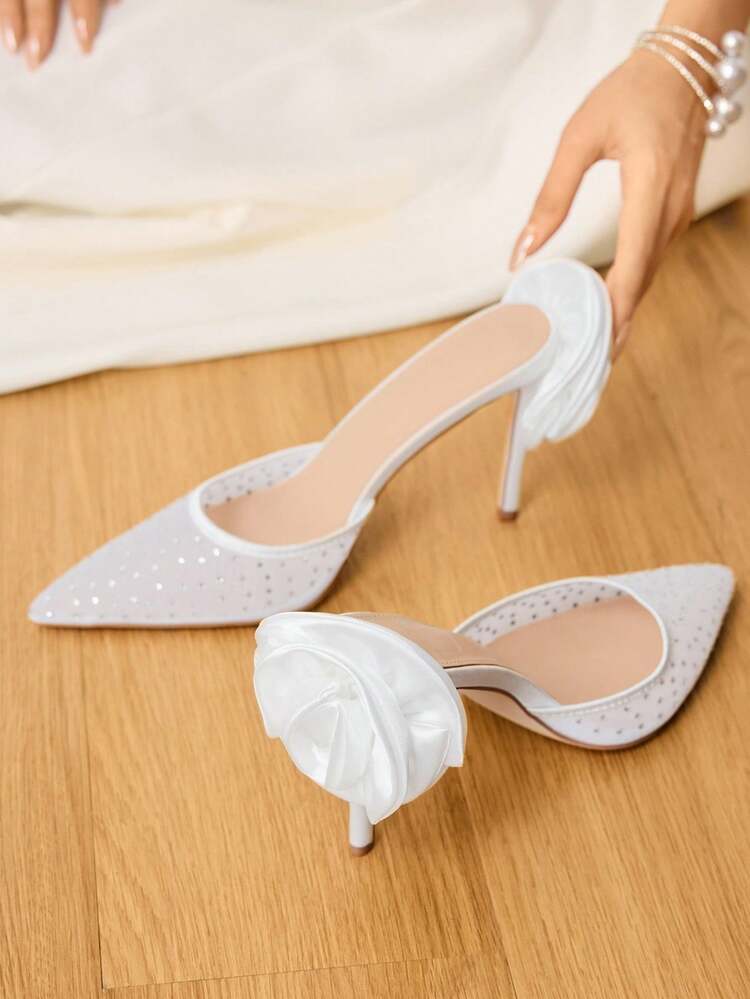 CUCCOO HITCHD Women's Fashionable Elegant Party Crystal Floral Decor Pointed Toe Pumps Valentine's Day