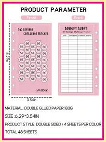 48 Sheets/Set, Pink Crocodile-Patterned Cover, 6-Hole A6 Sheet Size, 30-Day Savings Challenge ( USD /EUR). - Multicolor - View 2