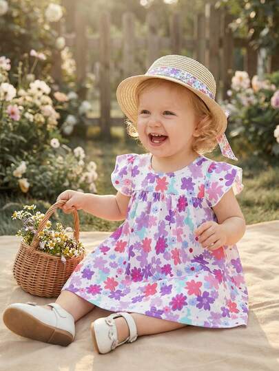 Souflis Souflis Baby Girl Toddler/Newborn 0-3 Years Old Casual Cute Sweet Ruffled Sleeve Dress, Versatile For Daily Wear, Spring/Summer Baby Garden Dress Baby Girl Floral Print Dress Floral Baby Dress Toddler Dresses Summer