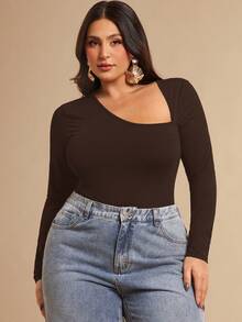 SHEIN BAE Plus Size Women's Asymmetric Collar Long Sleeve Bodysuit, Wine Red - Coffee Brown - View 6